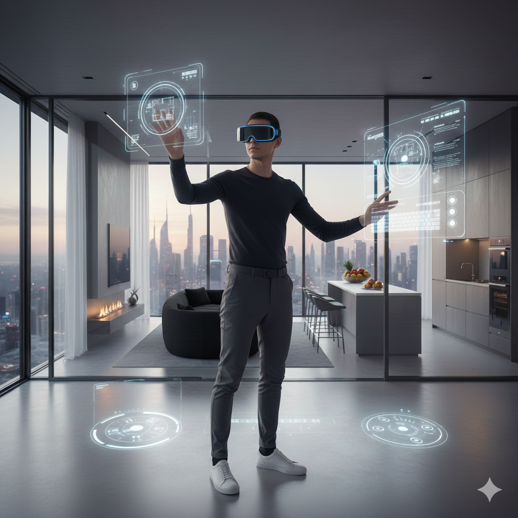 Person using VR headset to explore a 3D model of a luxury apartment in Dubai